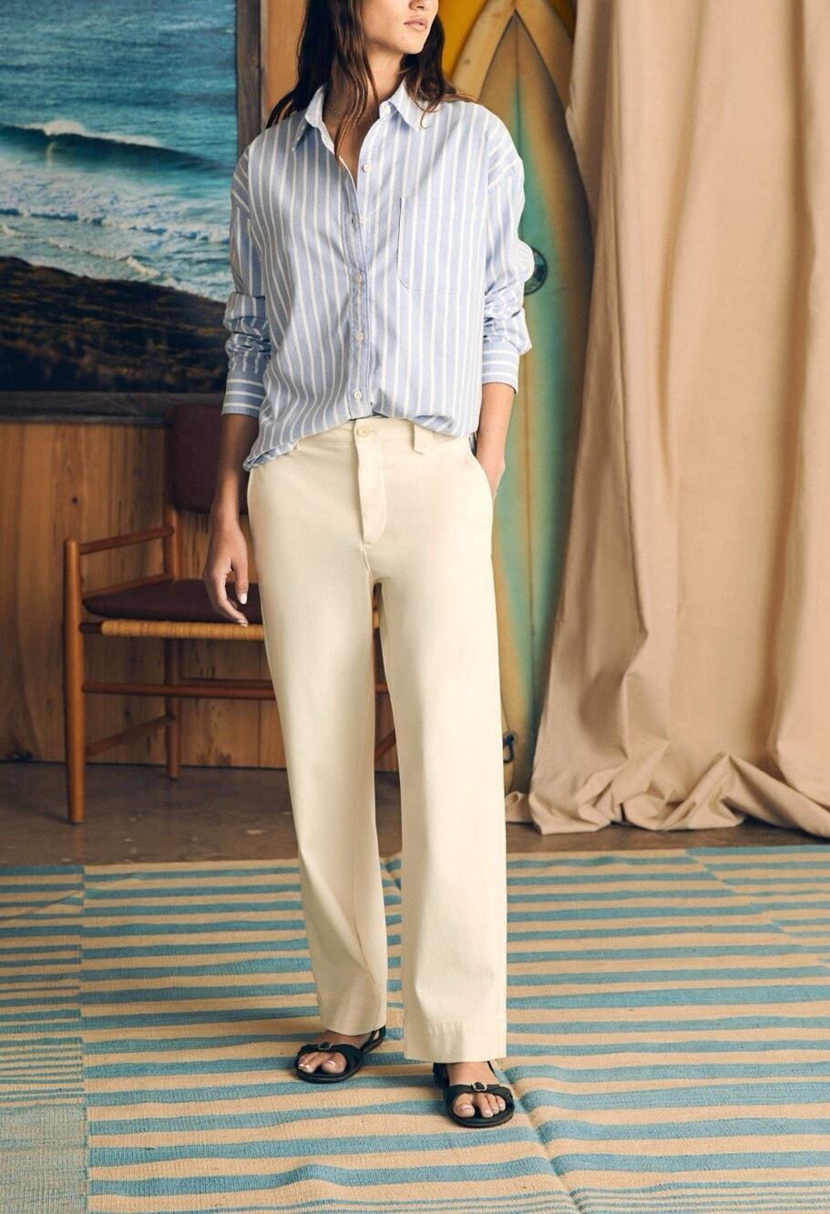Faherty Coastline Stretch Chino Pants 10 Ivory Salt Cotton Straight Ankle Casual